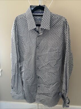 Tasso Elba White Button-Down Shirt with Navy Geo Print